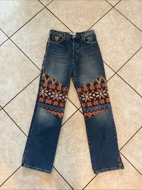 Free People Dark Blue Straight Leg Jeans with Multicolor Aztec Panels